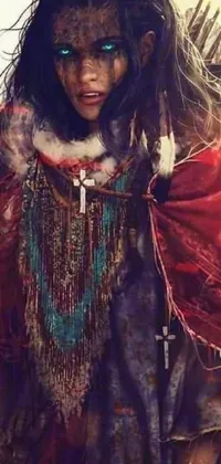 This phone live wallpaper showcases a stunning close-up of a person dressed in shaman attire