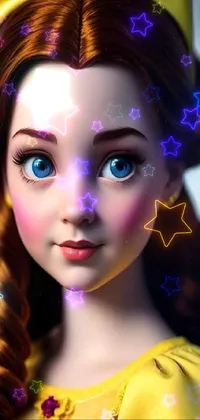 This digital live wallpaper displays a cute doll in a vibrant yellow outfit, accompanied by colorful stars and a dreamy 3D style reminiscent of Disney and Pixar movies