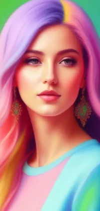 Adorn your phone screen with a mesmerizing digital painting of a woman sporting colorful hair with this live wallpaper
