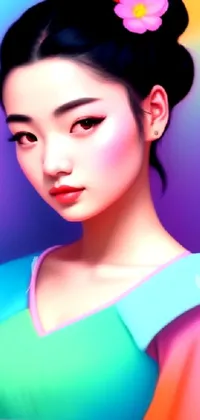 This phone live wallpaper showcases an exquisite digital art of a Chinese beauty donning a flower on her hair