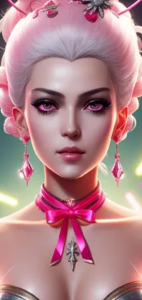 This phone live wallpaper features a stunning close-up of a pink-haired woman, perfectly suited for fantasy art fans