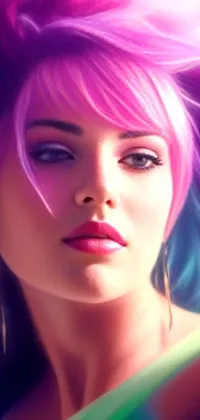 This phone live wallpaper features a stunning digital painting of a woman with colorful hair executed in airbrush fantasy style