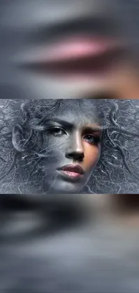 This vibrant phone live wallpaper features a digital painting of a woman's face sculpted from ice, with neon blue hair and grey skin