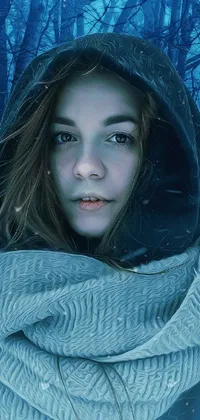 This phone live wallpaper showcases a stunning close-up of a person wearing a scarf in a winter wonderland of blue forest