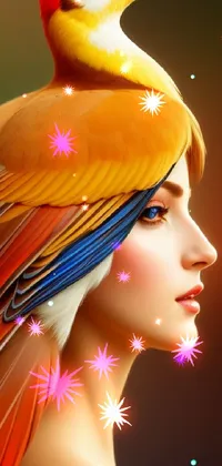 This phone live wallpaper features a stunning digital painting of a woman with a bird on her head
