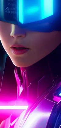 This phone live wallpaper is a stunning close-up of a person wearing a futuristic helmet