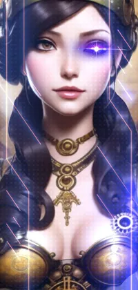 This phone live wallpaper features a steampunk inventor girl wearing a brown corset and goggles