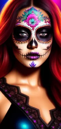 Experience a beautiful live wallpaper with vibrant and intricate sugar skull designs adorning a woman's face