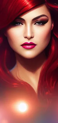 This phone live wallpaper features a striking close up of a woman with fiery red hair and piercing green eyes