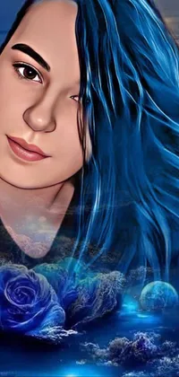 This stunning live phone wallpaper features a captivating digital painting of a woman with blue hair