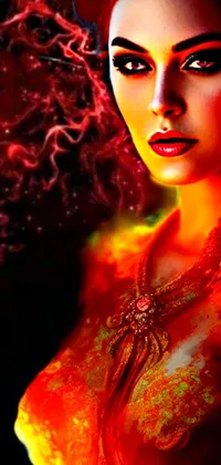 This striking phone live wallpaper features a digital art design of a powerful woman standing before a fiery background