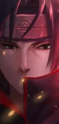 This phone live wallpaper showcases a close-up of a person adorned in a crimson hoodie, inspired by popular anime and video game aesthetics