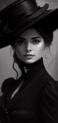 This phone live wallpaper features a stunning black and white photograph of a woman wearing a hat