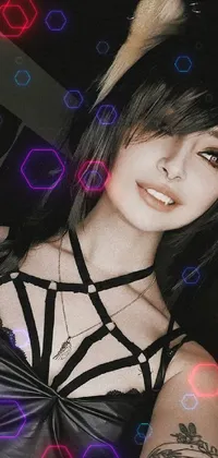 This live phone wallpaper showcases a happy woman in a black top donning a gothic-inspired black leather harness