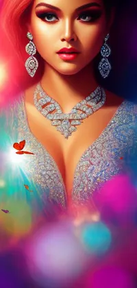 Intensify the style of your phone with an eye-catching live wallpaper featuring a stunning digital rendering of a curvaceous Indian princess adorned in sparkling jewelry and an embellished attire, catching the light in a mesmerizing manner