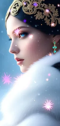 This phone live wallpaper depicts a majestic woman in a fur coat against a snowy backdrop