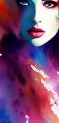 This live phone wallpaper showcases a vivid watercolor painting of a woman with vibrant hair