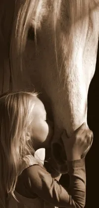 This live phone wallpaper showcases a heartwarming sepia-toned photograph of a little girl and white horse sharing a special moment in nature