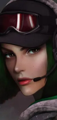 This phone live wallpaper features a military girl sporting a distinctive green hairstyle and sporting a helmet and goggles