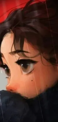 This live wallpaper for phones features a stunning digital painting with a young anime girl holding an umbrella in the rain in a close-up profile picture