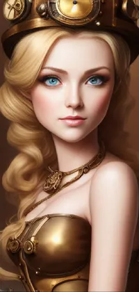 This live wallpaper for your phone is a stunning close-up portrait of a beautiful blonde woman with a clock art on her head