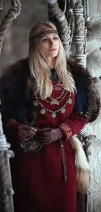 This live wallpaper showcases a commanding woman dressed in an ornate red coat, inspired by traditional Viking garb
