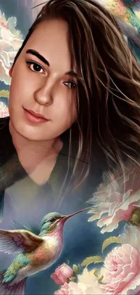 This phone live wallpaper features a stunning digital painting of a woman and a hummingbird in a bed of flowers