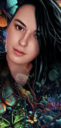 This stunning live wallpaper features a digital art image of a woman surrounded by fluttering butterflies against a black background