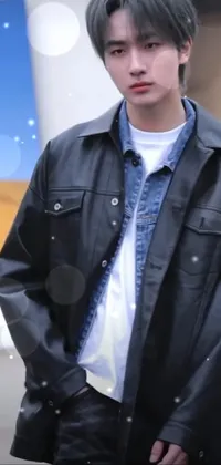 This live phone wallpaper features a young man wearing a black leather jacket and a long shirt in harmony blue color