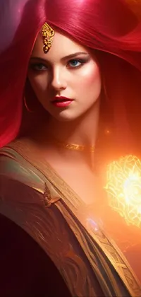 This mage-inspired live wallpaper features a captivating closeup portrait of a fiery woman holding a glowing ball and casting a holy flame crown spell