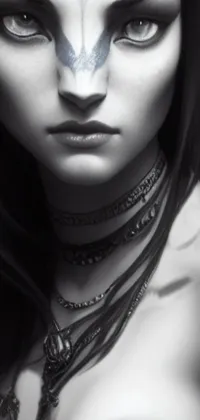 This black and white live wallpaper features a captivating makeup-clad woman, drawing inspiration from native American shamen fantasy, moebius, and artgerm