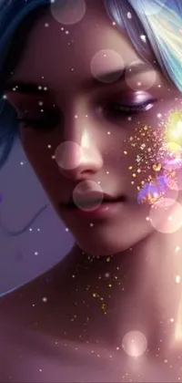 This stunning phone live wallpaper features a digital painting of a woman with blue hair and glitter on her face