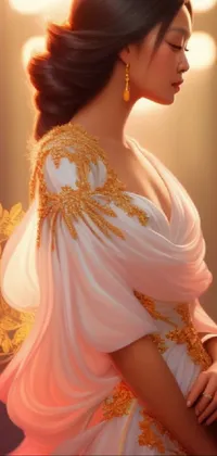 This phone live wallpaper showcases a stunning artwork of a woman in a white and gold dress, created in a regal aesthetic