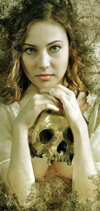 This phone live wallpaper showcases a striking portrait of a woman holding a skull in front of her face