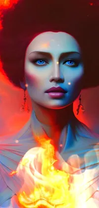 Looking for a unique live wallpaper for your phone? This stunning piece features a fierce woman with fire glowing from her chest and glowing porcelain skin, while her red and blue eyes add an otherworldly touch