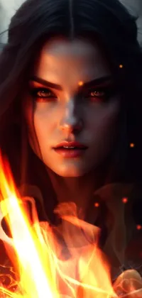 This phone live wallpaper features a stunning digital painting of a fierce woman holding a sword
