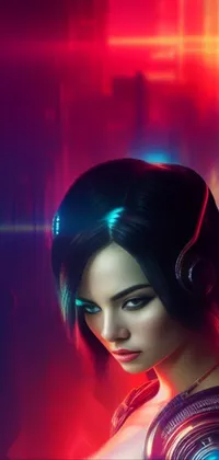 This phone live wallpaper showcases a cyberpunk woman with headphones against a neon city background