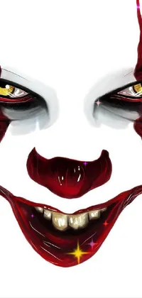 This phone live wallpaper features a close-up of a clown's face set against a white background