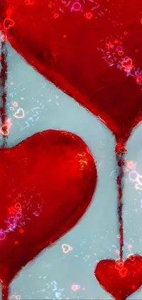 This gorgeous live wallpaper features two red hearts hanging on strings against a background of red and white floral petals