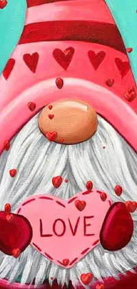 This live wallpaper for your phone features a beautiful acrylic painting of a gnome embracing a heart