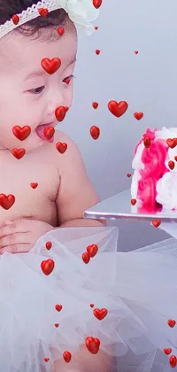 This delightful live wallpaper depicts a baby girl in a tutu celebrating her first birthday in front of a delicious cake