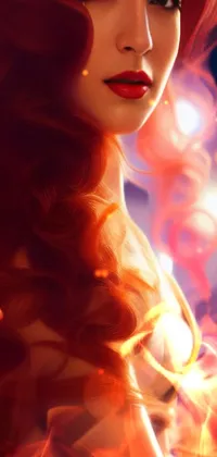 This phone live wallpaper showcases a stunning digital art of a woman with long red hair, featuring beautiful glowing lights