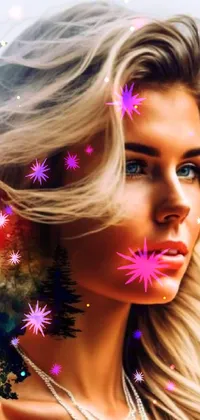 This phone live wallpaper showcases a stunning digital art piece of a woman with her hair blowing in the wind