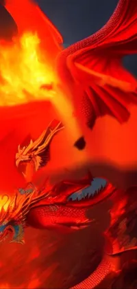 This phone live wallpaper depicts a red dragon in flight, rendered in beautiful digital art