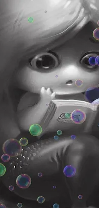 Enhance your phone's look with an enthralling live wallpaper featuring a little mermaid deeply engrossed in reading