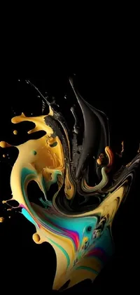 This live phone wallpaper showcases a captivating burst of liquid in a blend of gold, black, and rainbow colors against a solid black background