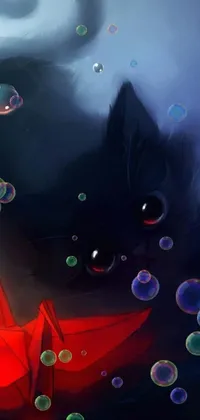 This live wallpaper features a black cat sitting atop a red boat against a backdrop of abstract anime art