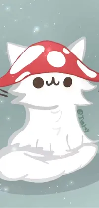 Do you want a cute and funny live wallpaper for your iPhone 15 background? Look no further than this adorable Scottish Fold cat wearing a mushroom hat! The white and red color scheme blends perfectly with the playful image, which features a whimsical floating ghost for added charm