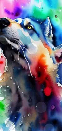 This stunning phone wallpaper features a watercolor painting of a majestic wolf with vibrant and colorful brushstrokes