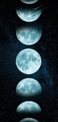 This vertical live wallpaper features three distinct phases of the moon set against a dark blue night sky
